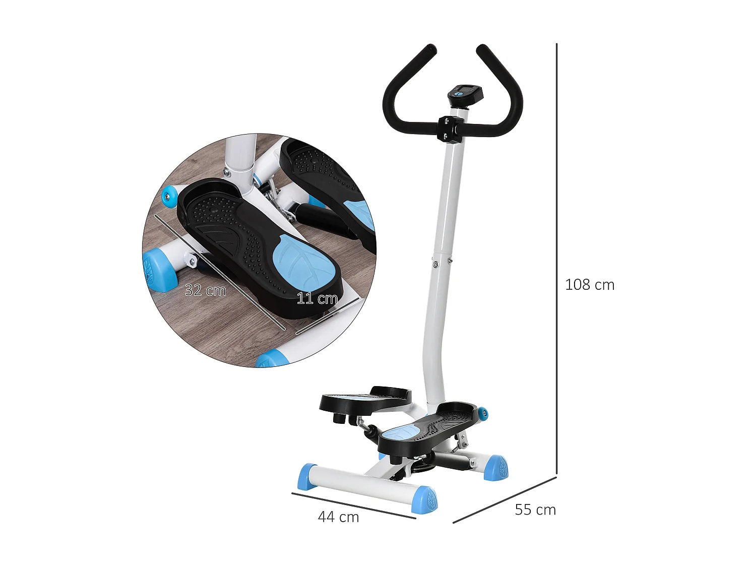 Stepper Fitness avec guidon ergonomique - écran LCD multifonction - résistance réglable - acier blanc bleu noir