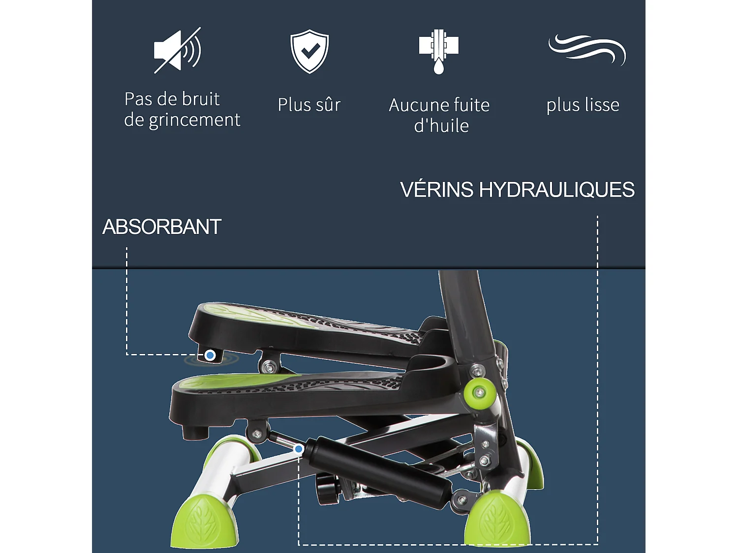 Stepper Fitness avec guidon ergonomique - écran LCD multifonction - résistance réglable - acier gris vert noir