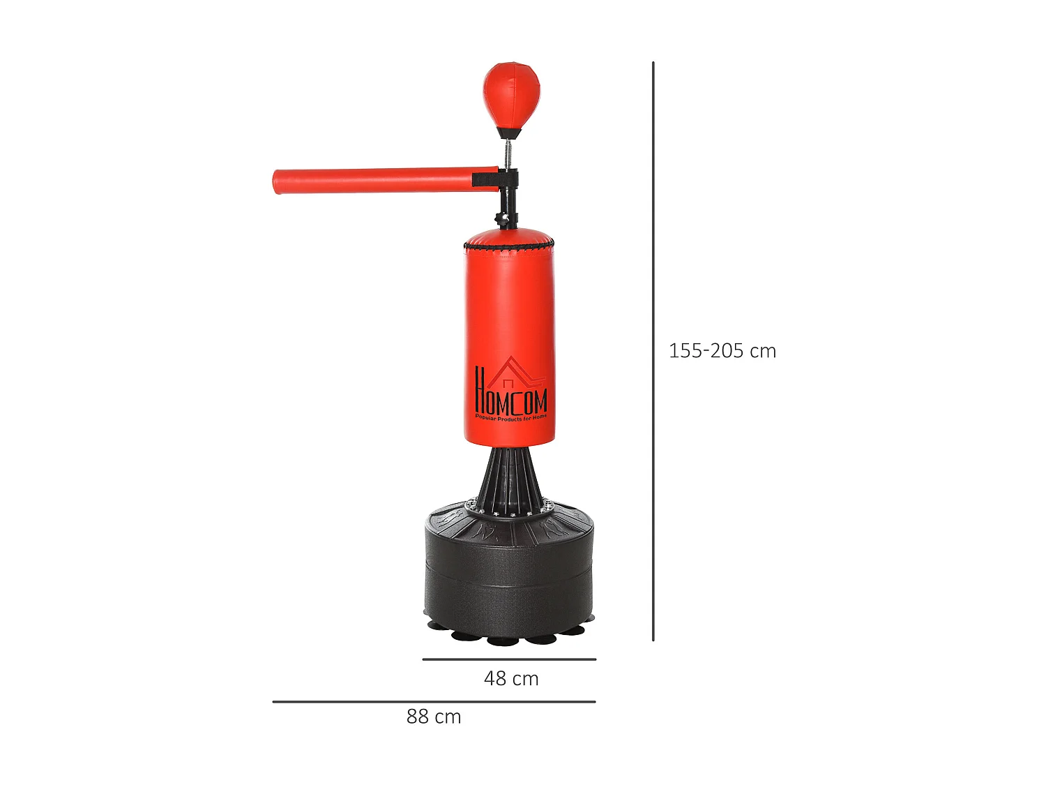 Sac de frappe boxe autoportant punching ball brunier 3 en 1 revêtement synthétique dim. 88L x 48l x 155-205H cm rouge noir