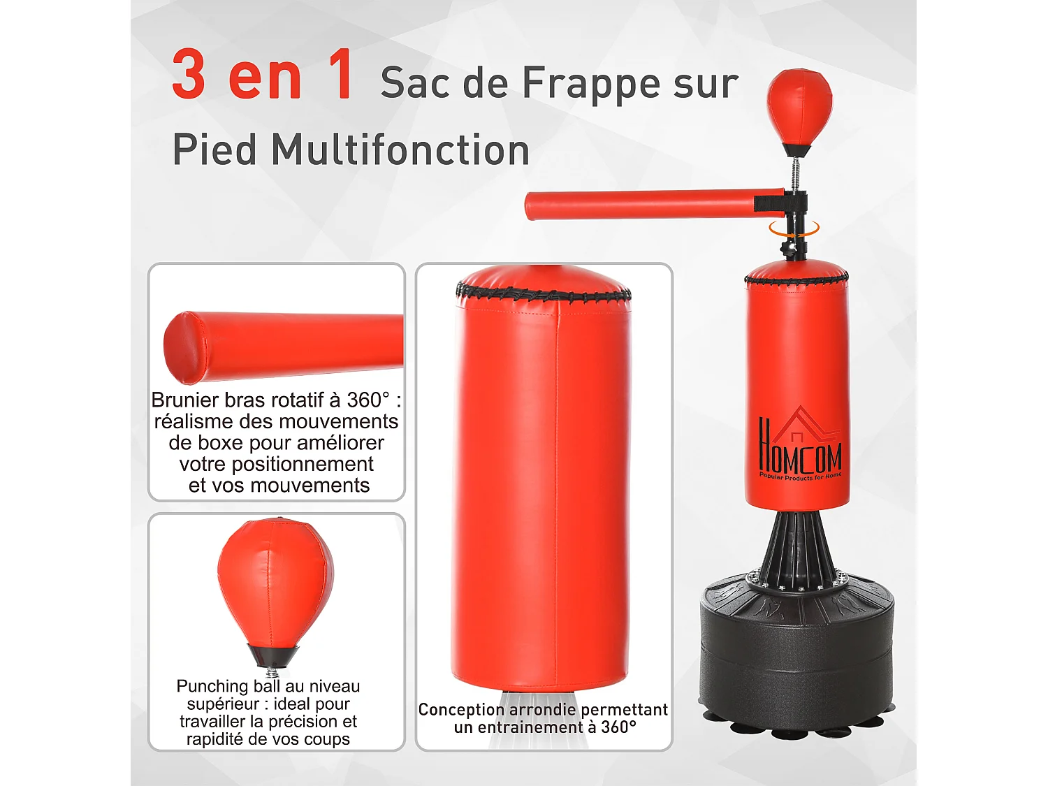 Sac de frappe boxe autoportant punching ball brunier 3 en 1 revêtement synthétique dim. 88L x 48l x 155-205H cm rouge noir