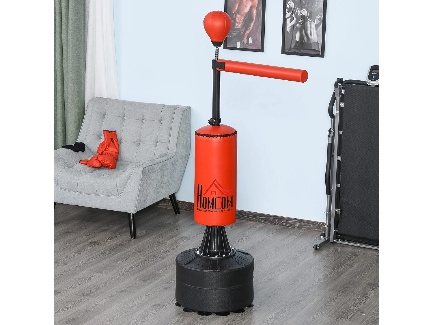 Sac de frappe boxe autoportant punching ball brunier 3 en 1 revêtement synthétique dim. 88L x 48l x 155-205H cm rouge noir