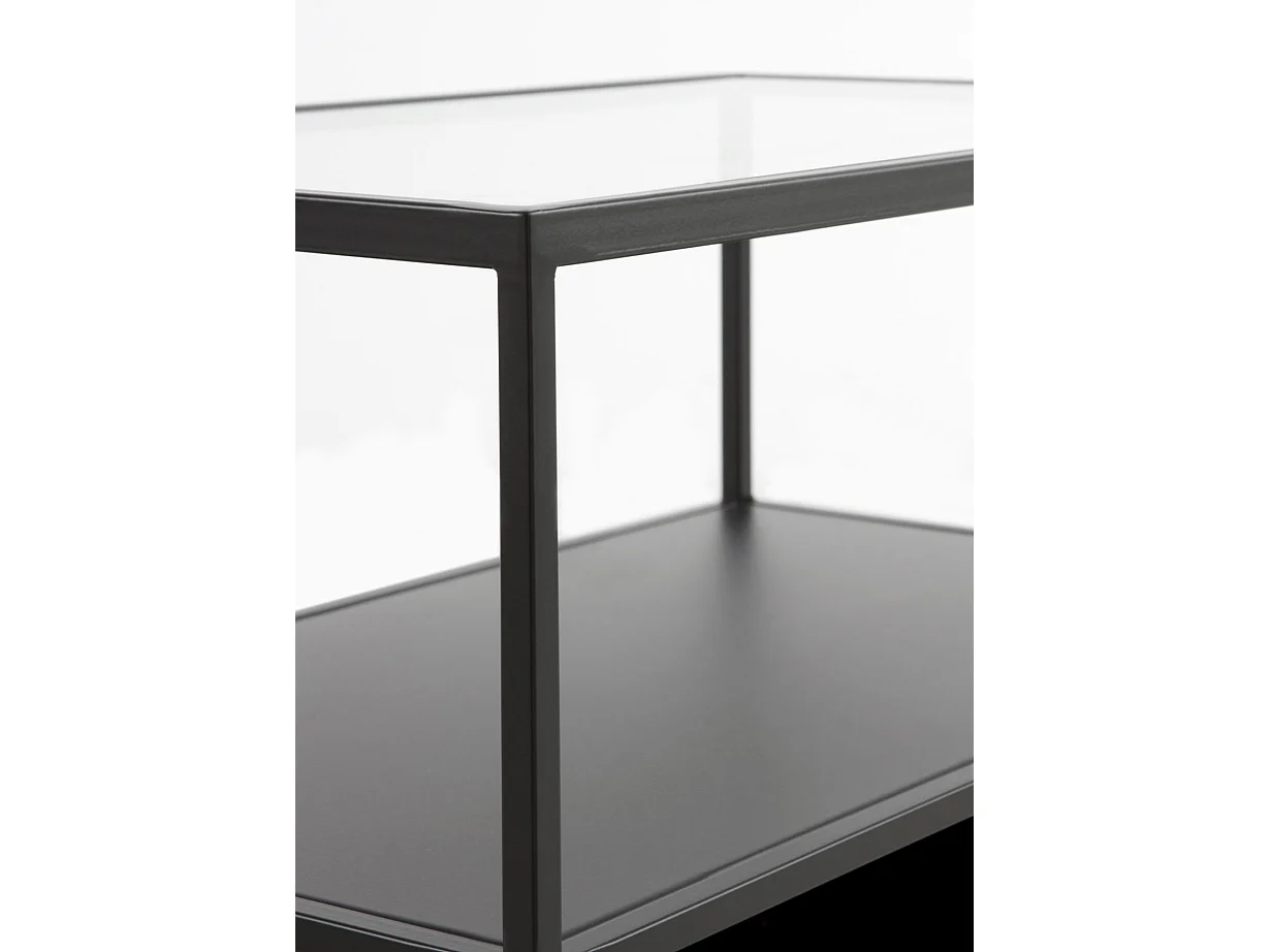 Salontafel van zwart metaal met glazen blad