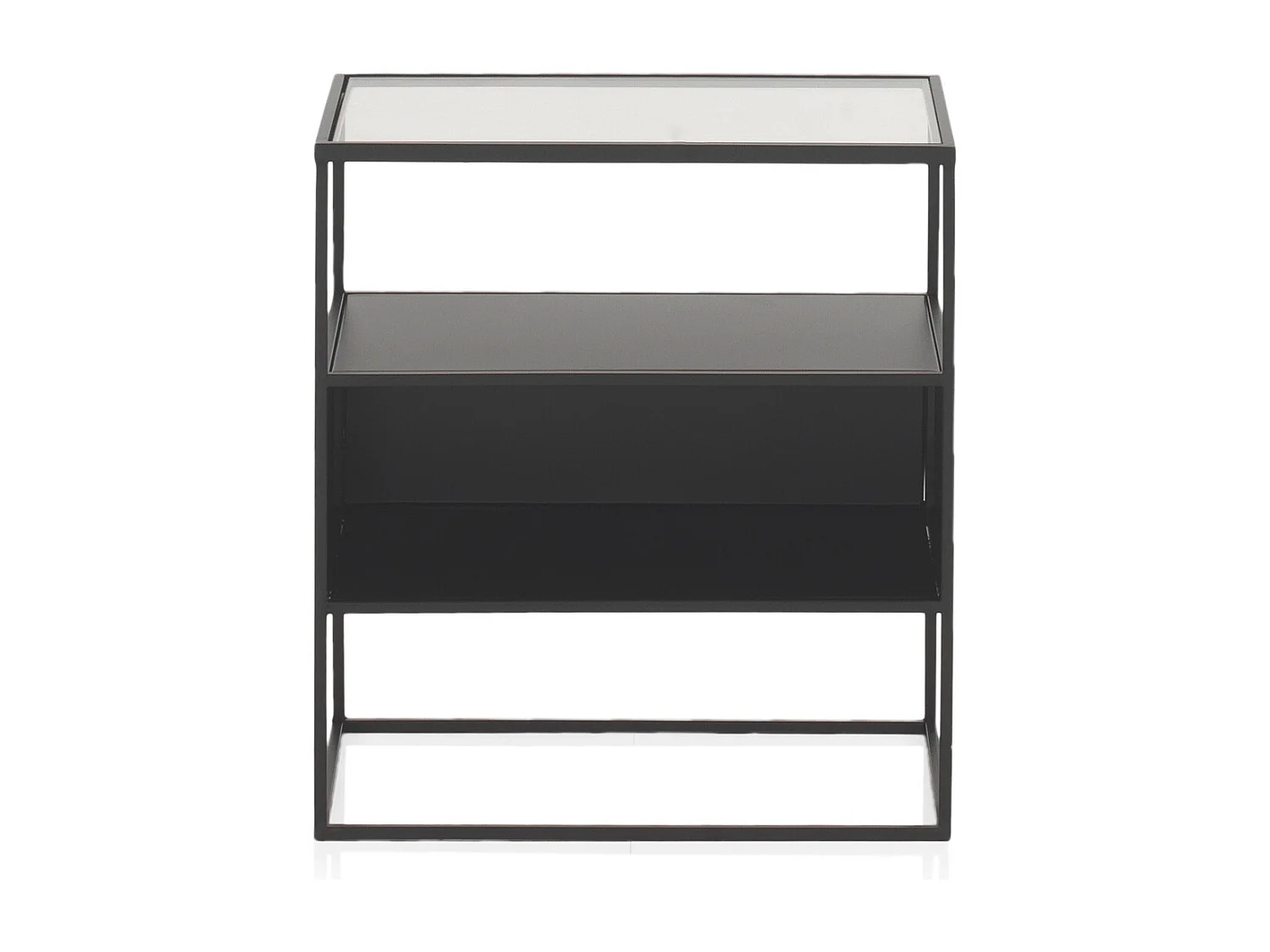 Salontafel van zwart metaal met glazen blad