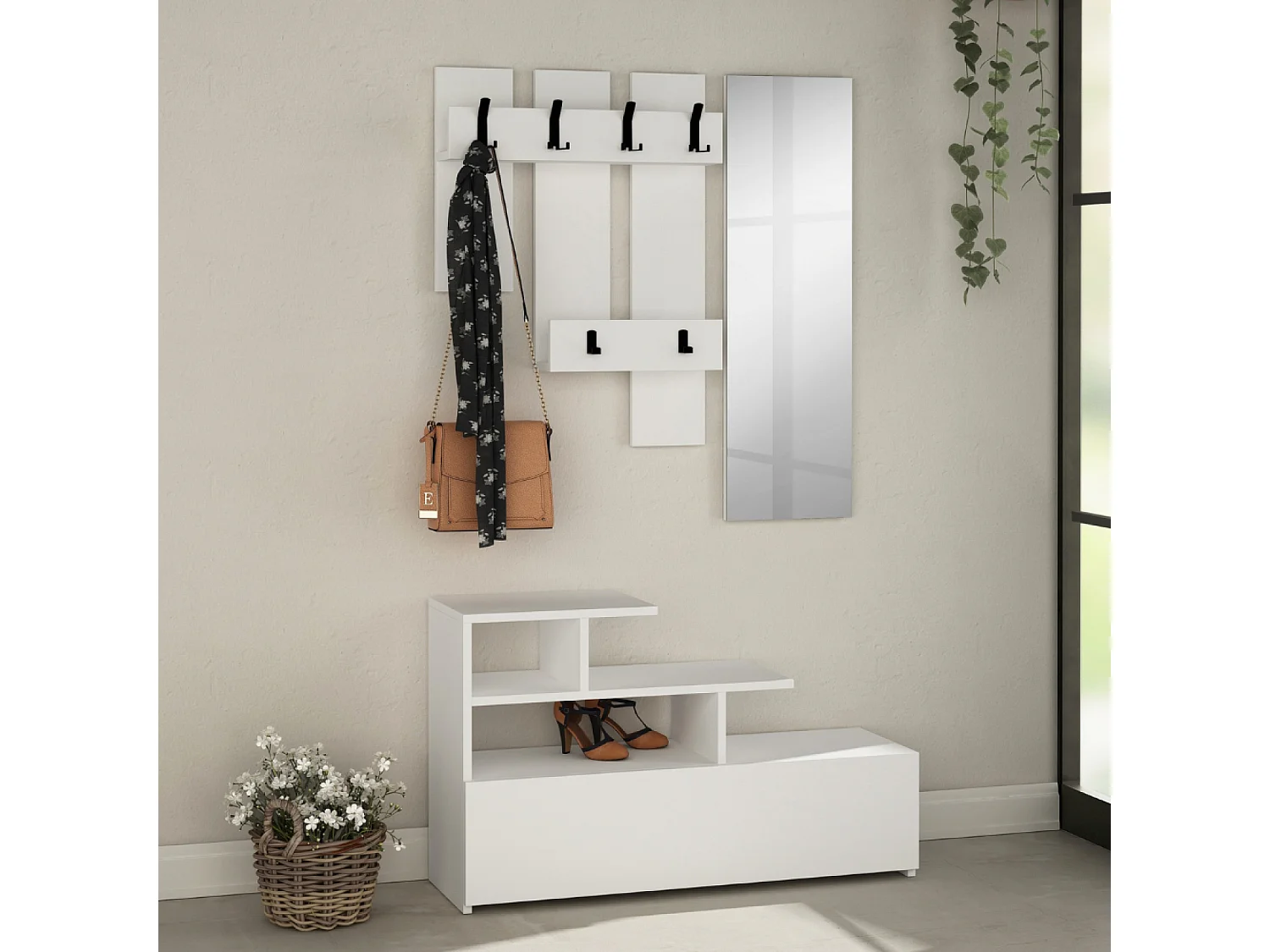 Mueble recibidor efecto madera con perchero, almacenaje y espejo MESTY