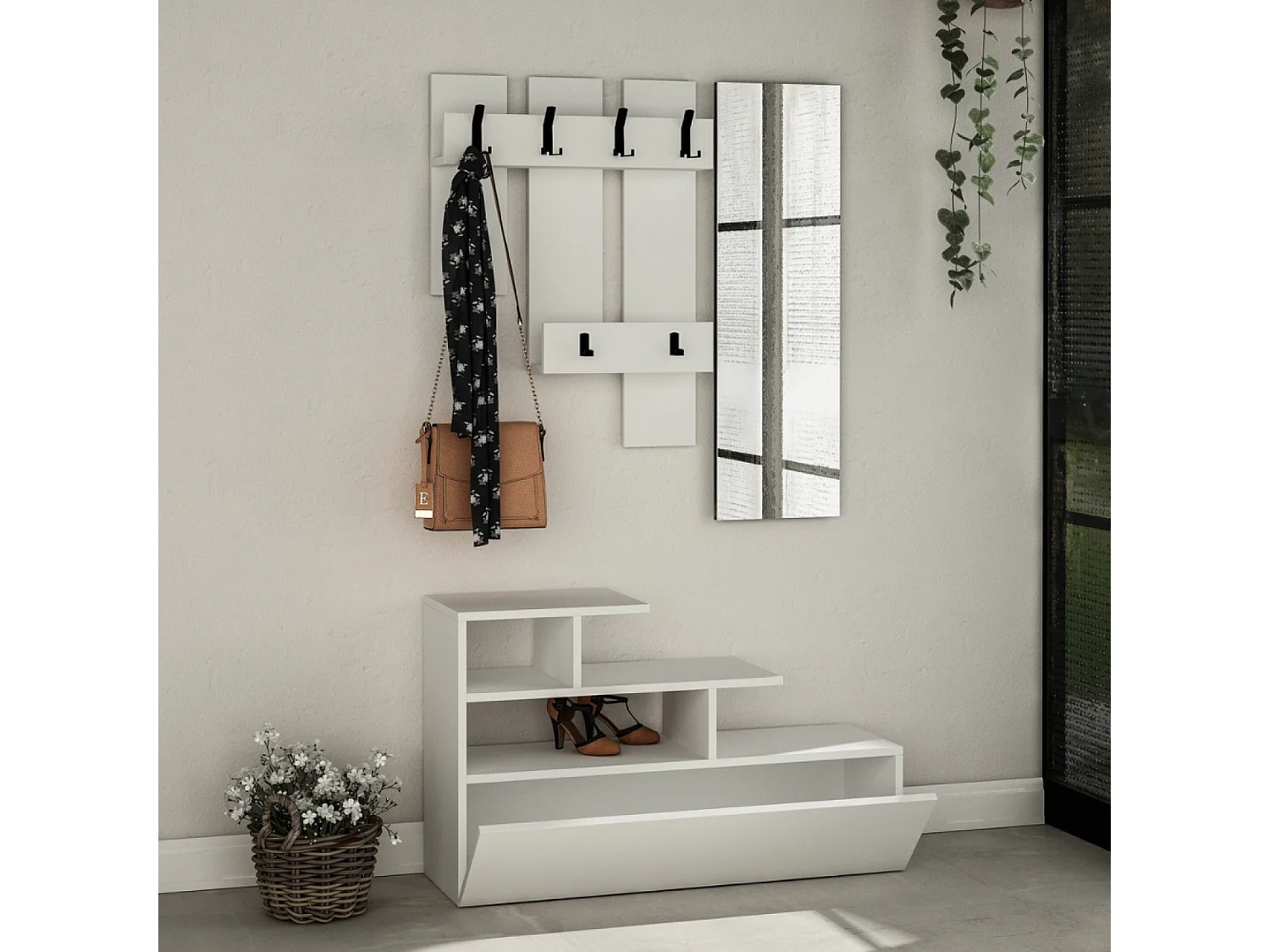 Mueble recibidor efecto madera con perchero, almacenaje y espejo MESTY