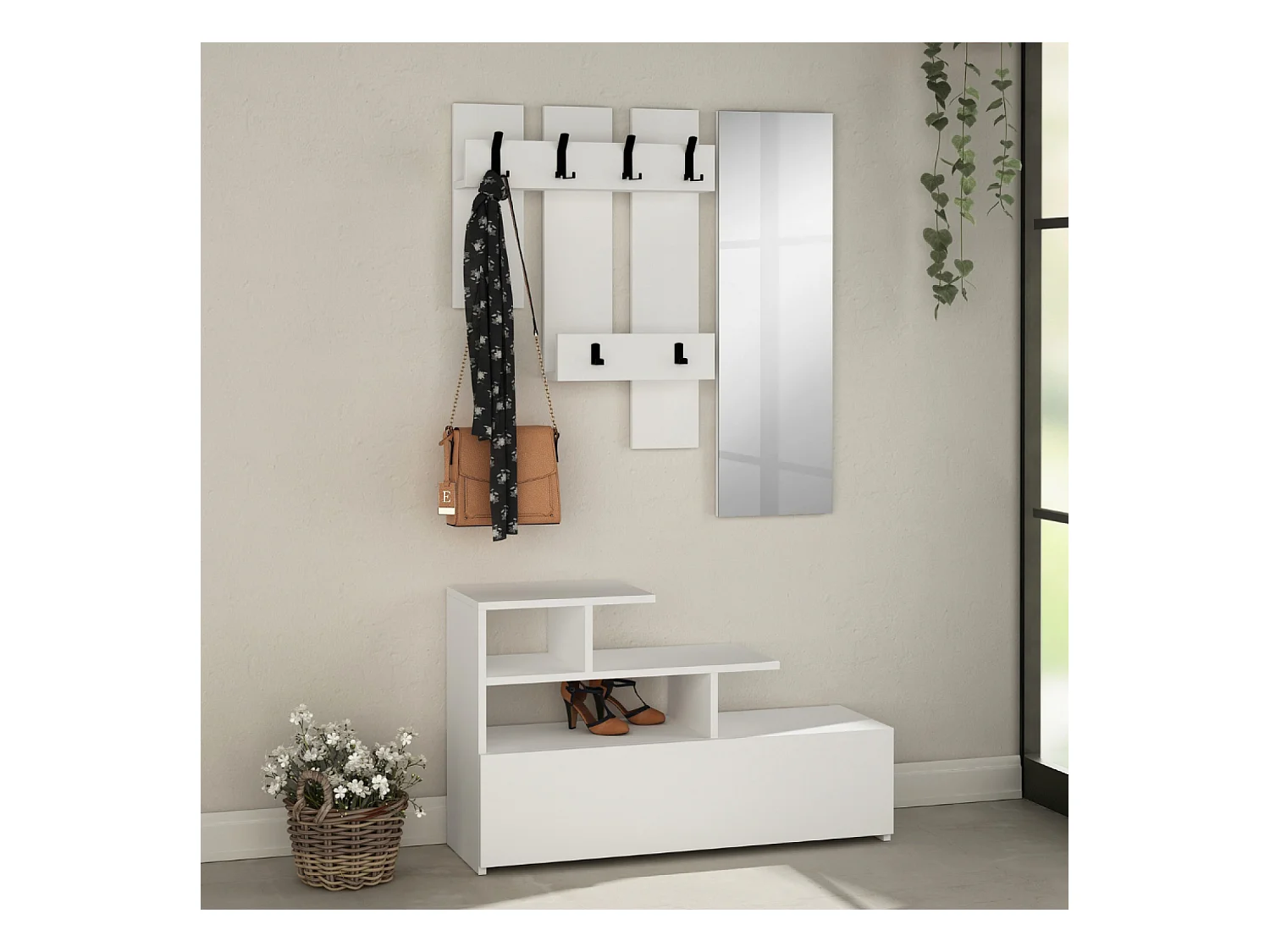 Meuble d'entrée blanc avec porte manteau, rangement et miroir MESTY