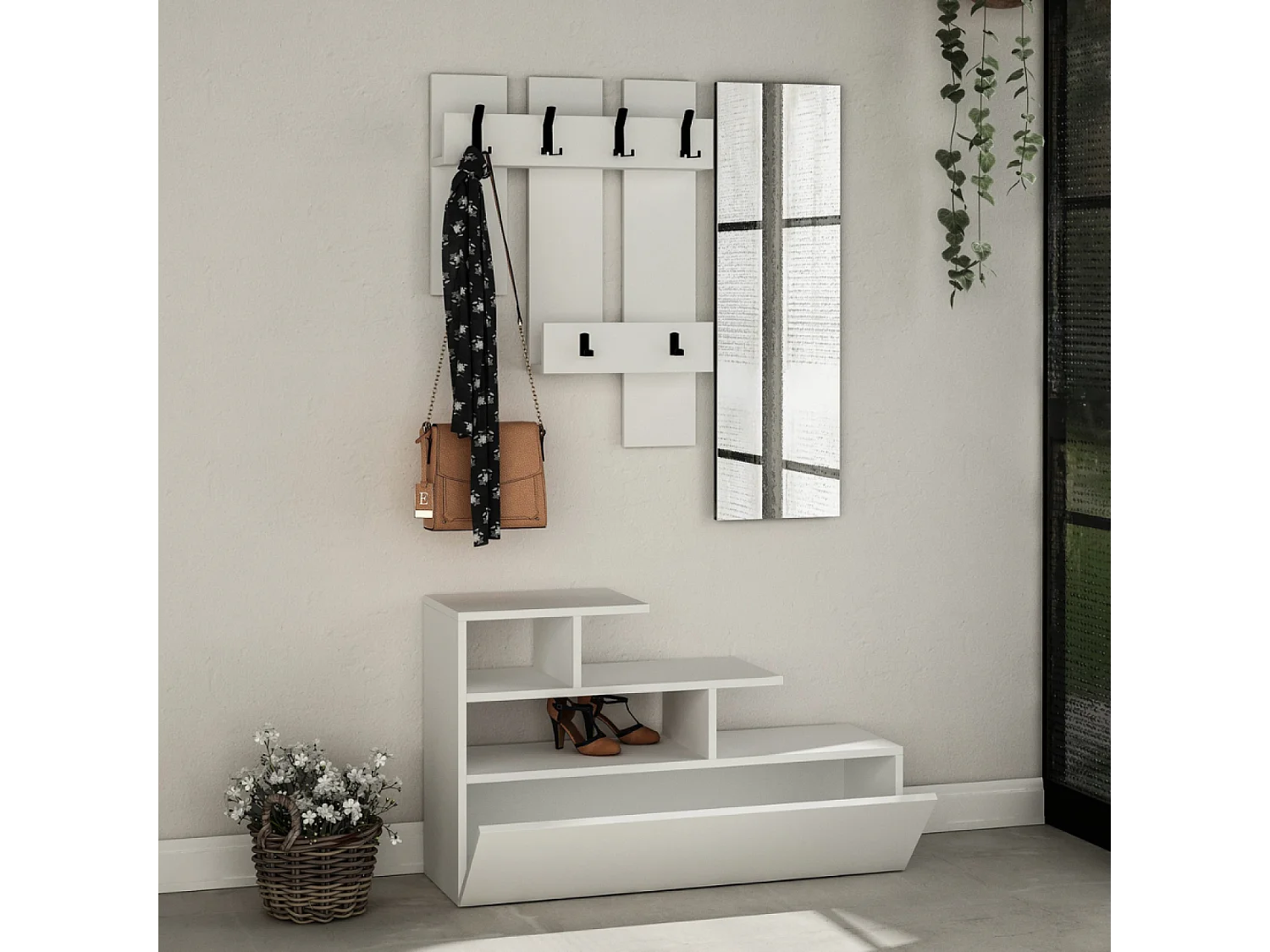 Mueble recibidor efecto madera con perchero, almacenaje y espejo MESTY