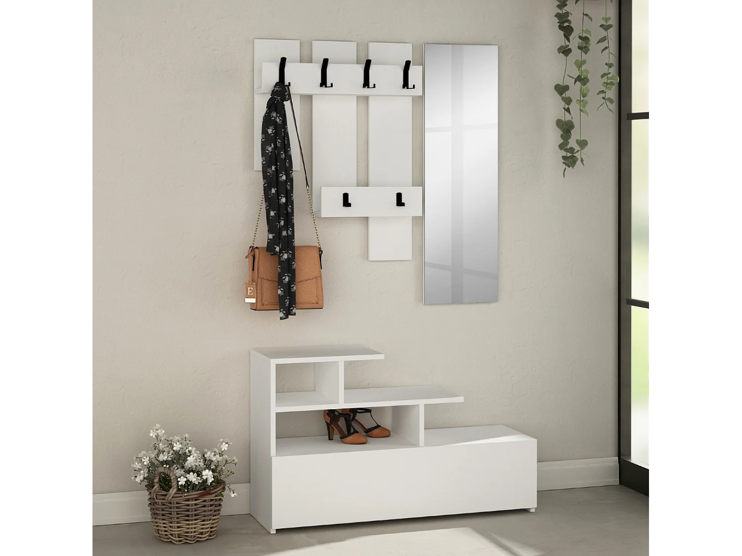 Meuble d'entrée blanc avec porte manteau, rangement et miroir MESTY