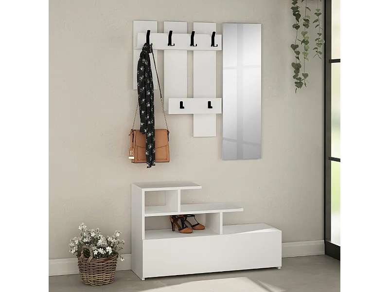 Meuble d'entrée blanc avec porte manteau, rangement et miroir MESTY