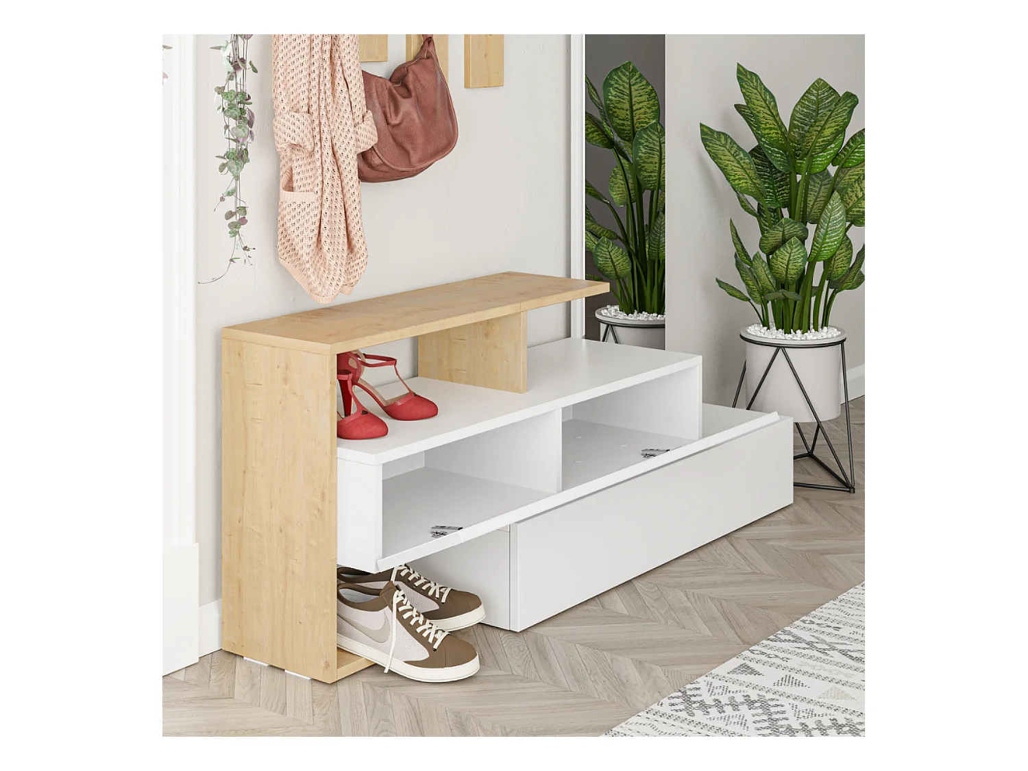 Meuble d'entrée bois-blanc et porte-manteaux RAMAR
