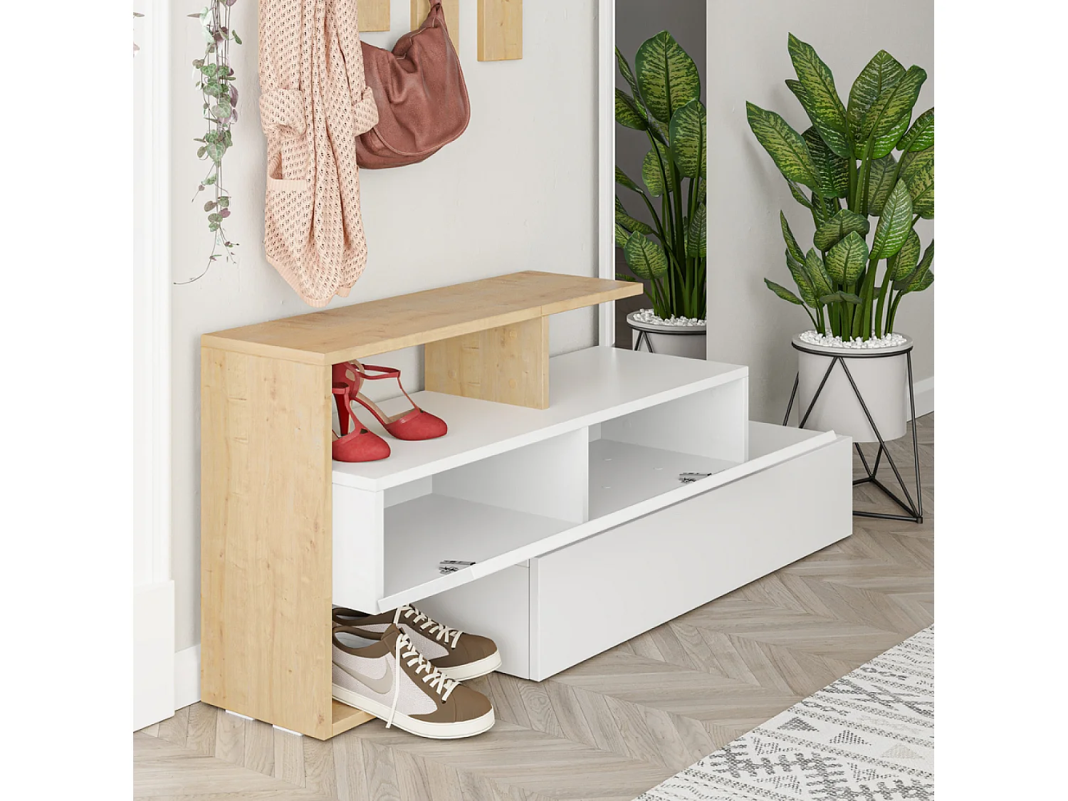Meuble d'entrée bois-blanc et porte-manteaux RAMAR
