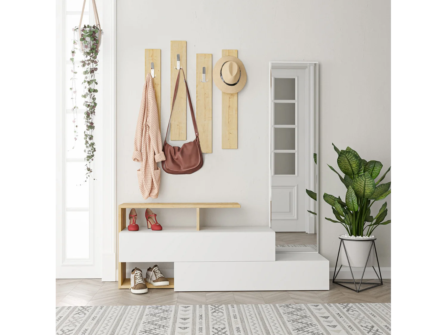 Kapstok en Spiegel van Hout/Wit voor de Hal - Moderne Entree Organizer