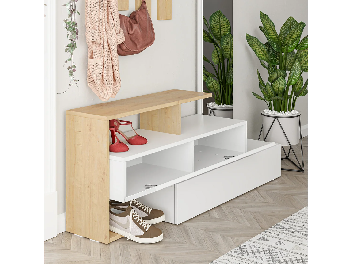 Kapstok en Spiegel van Hout/Wit voor de Hal - Moderne Entree Organizer