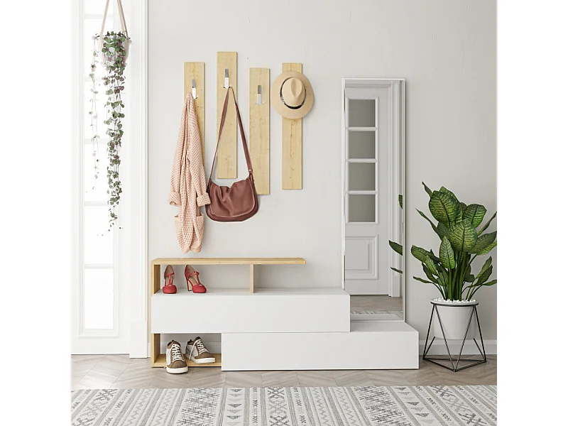 Meuble d'entrée bois-blanc et porte-manteaux RAMAR