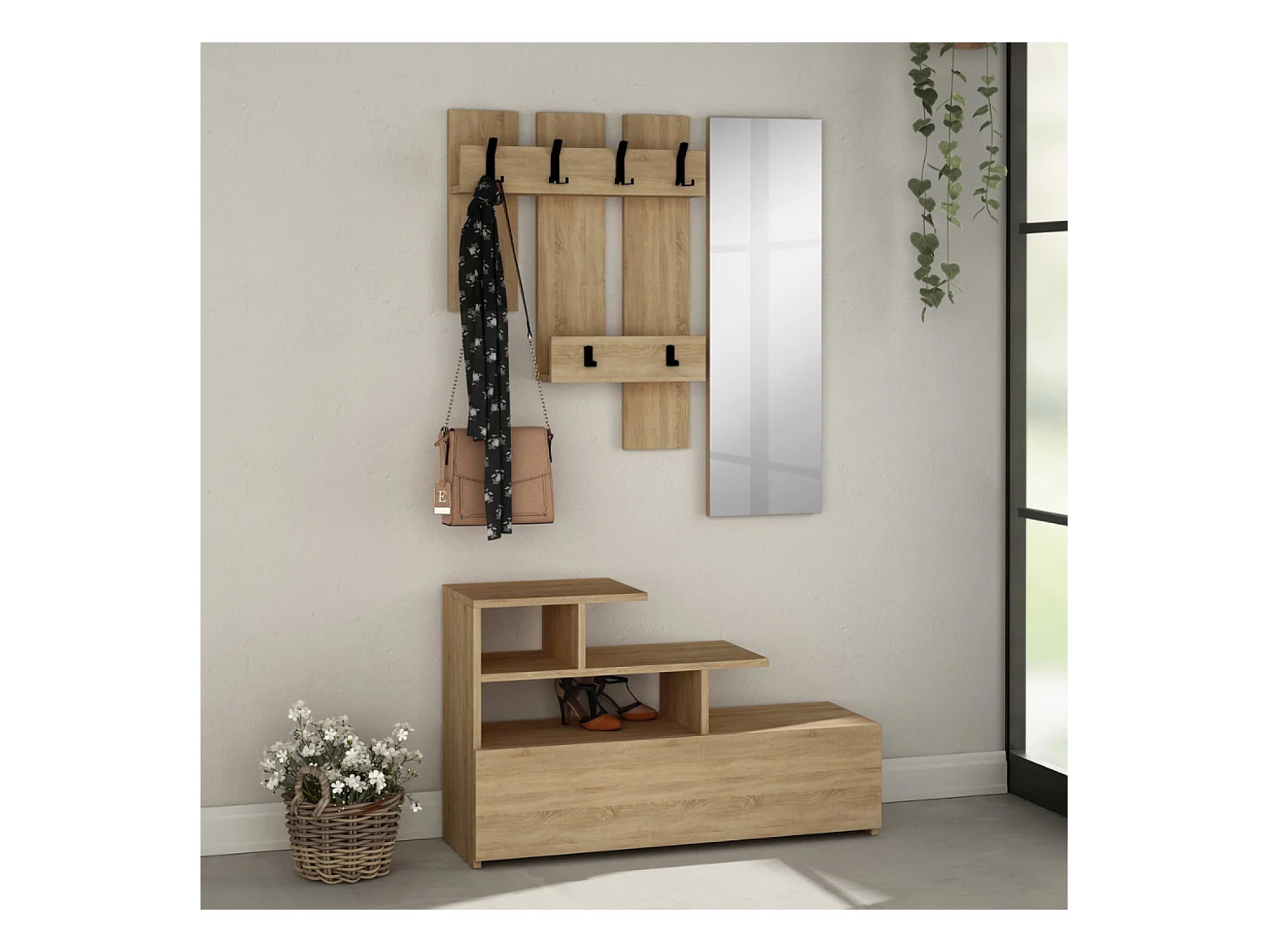 Meuble d'entrée effet bois avec porte manteau, rangement et miroir MESTY