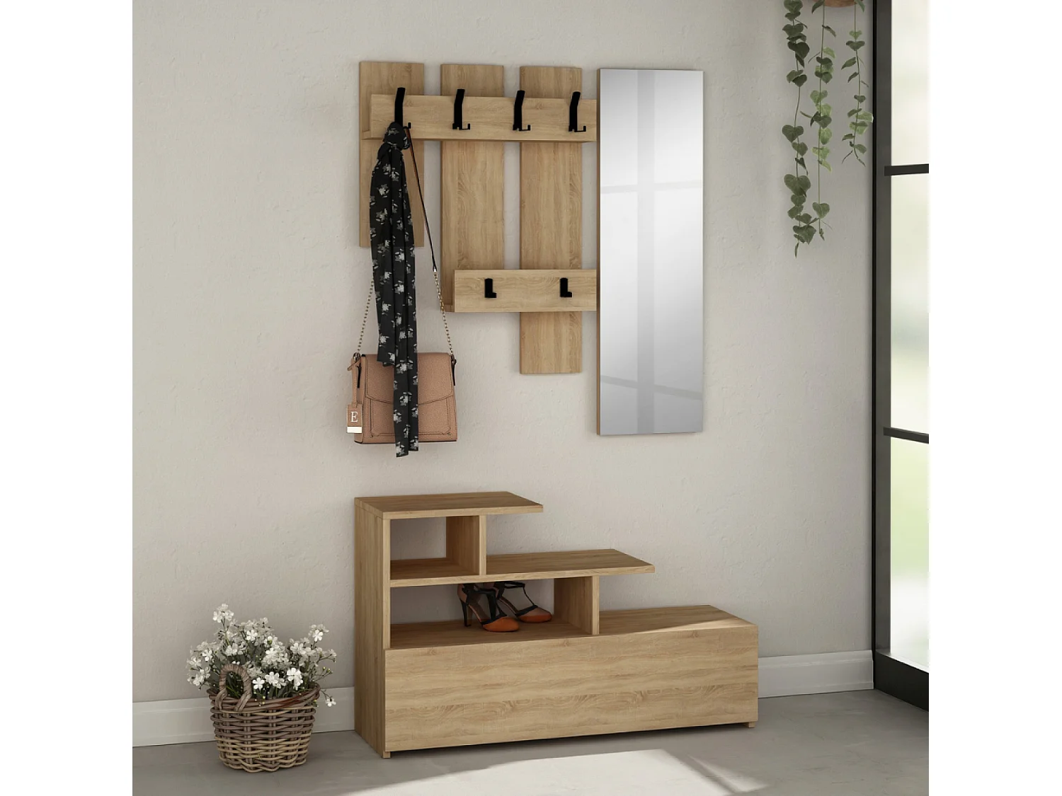 Meuble d'entrée effet bois avec porte manteau, rangement et miroir MESTY