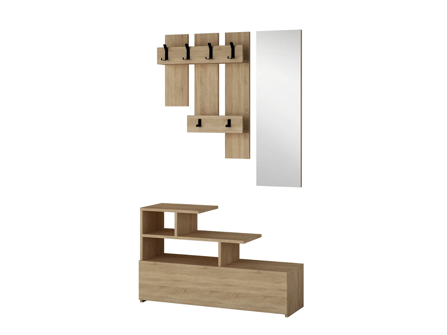 Meuble d'entrée effet bois avec porte manteau, rangement et miroir MESTY