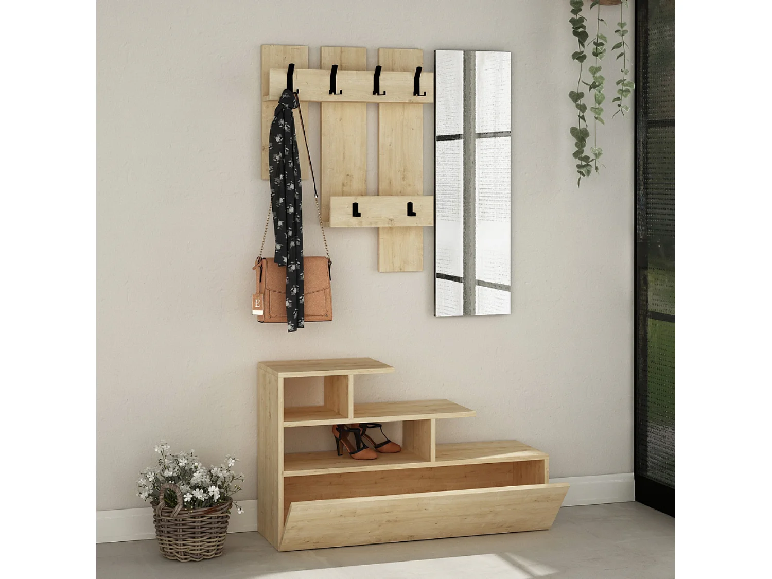 Meuble d'entrée effet bois avec porte manteau, rangement et miroir MESTY