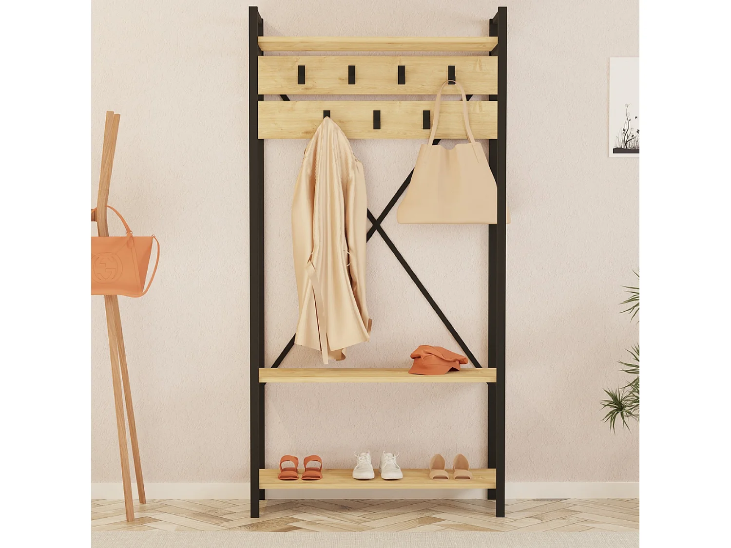 Móvel de entrada industrial com prateleiras e cabideiro em madeira - LUBIN