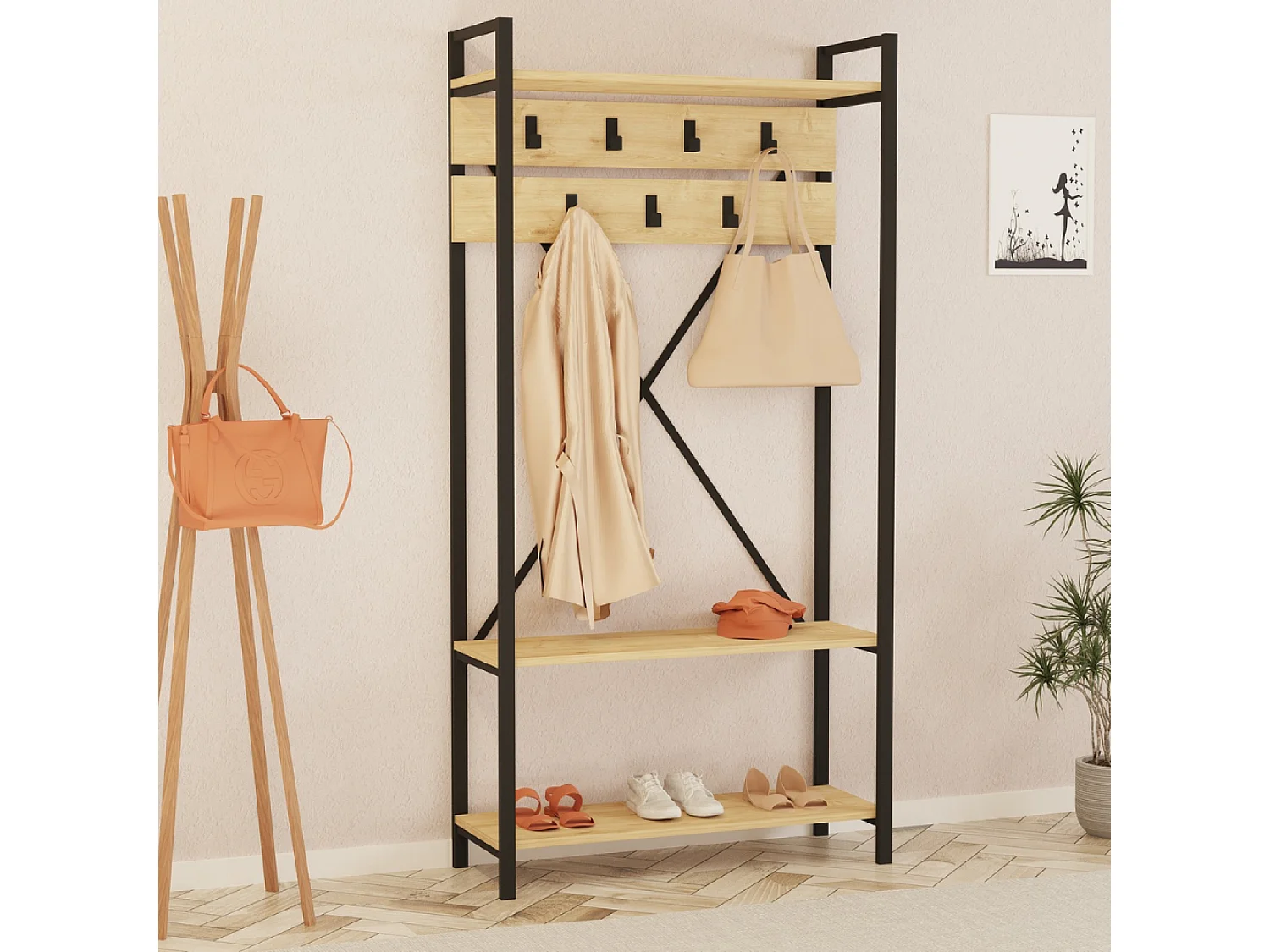 Móvel de entrada industrial com prateleiras e cabideiro em madeira - LUBIN