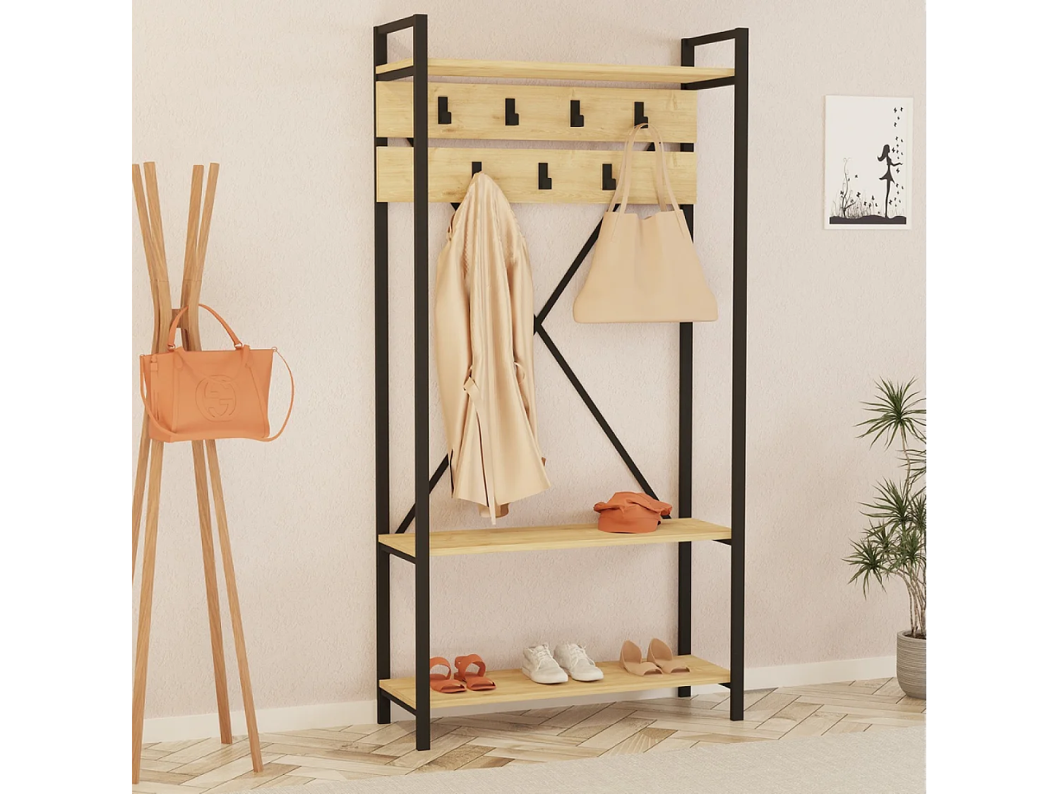 Meuble d'entrée style industriel avec étagères et porte-manteaux LUBIN