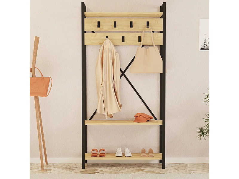 Meuble d'entrée style industriel avec étagères et porte-manteaux LUBIN