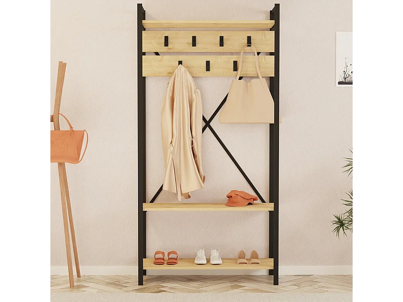 Meuble d'entrée style industriel avec étagères et porte-manteaux LUBIN