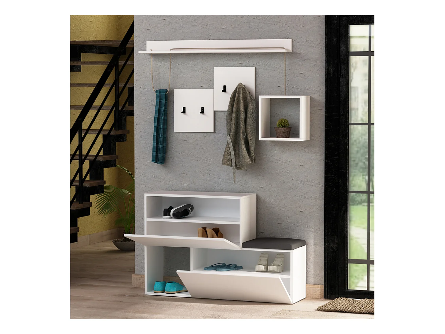 Meuble d'entrée blanc avec rangements et porte-manteaux INGA