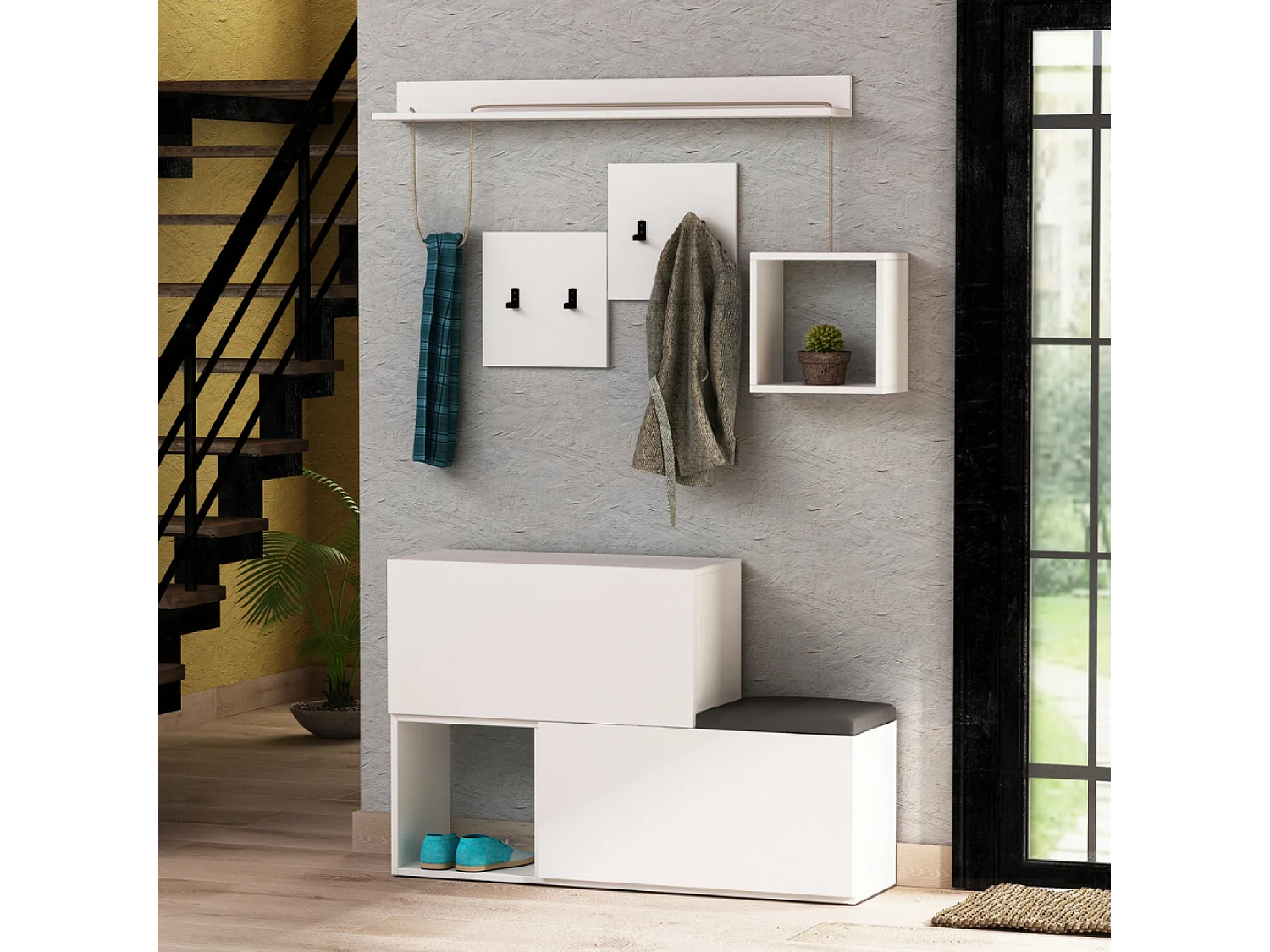 Mobile da ingresso bianco con appendiabiti, contenitore e specchio MESTY