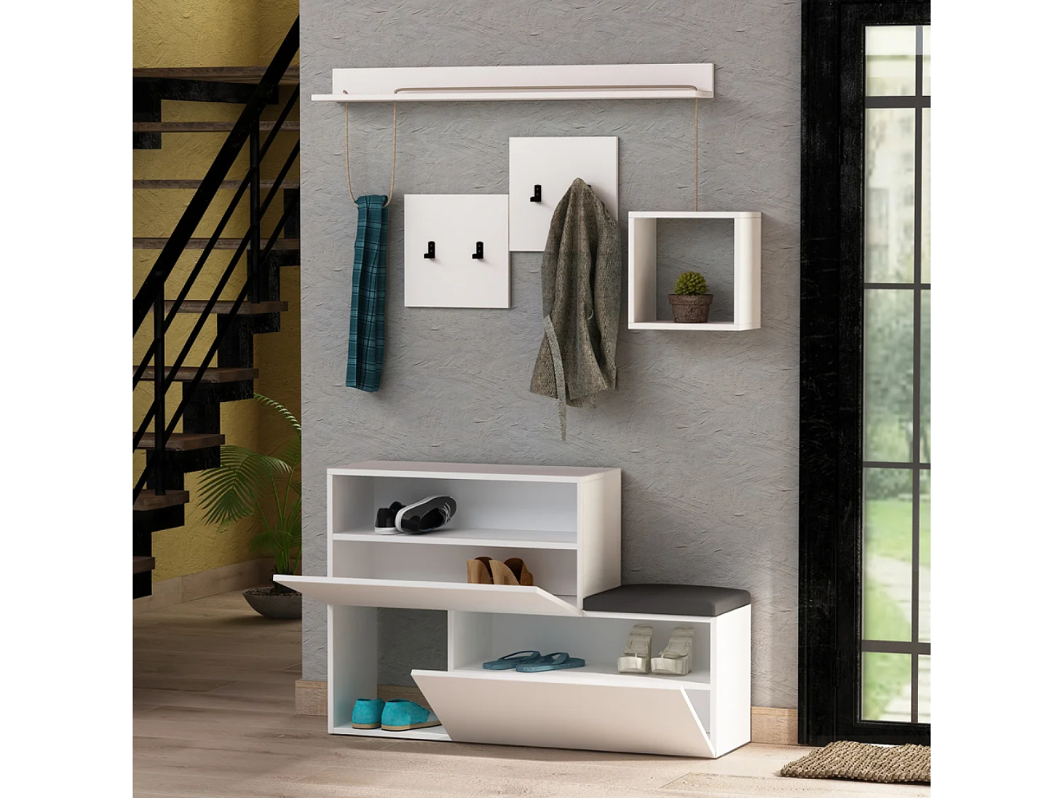 Mobile da ingresso bianco con appendiabiti, contenitore e specchio MESTY