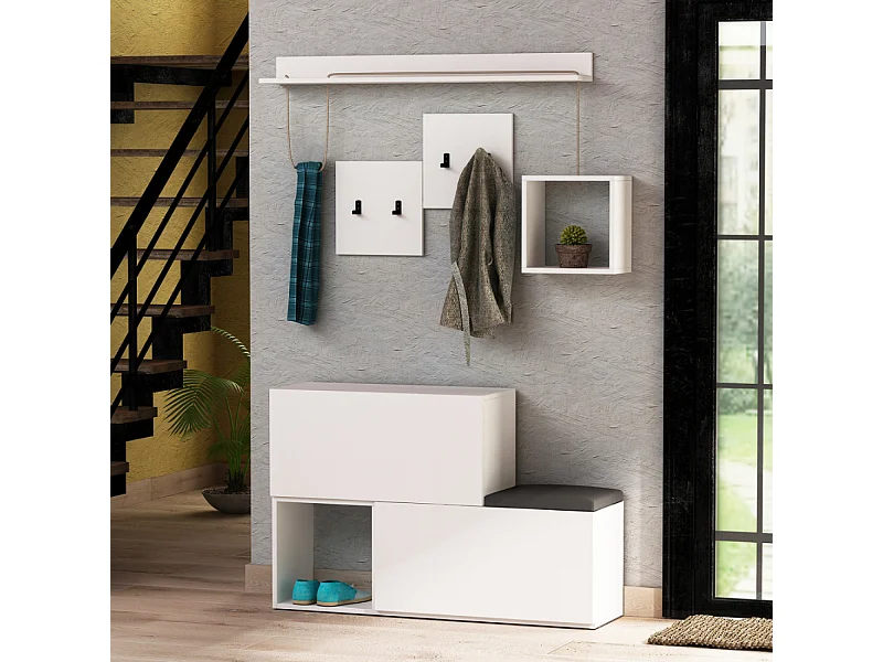 Meuble d'entrée blanc avec rangements et porte-manteaux INGA