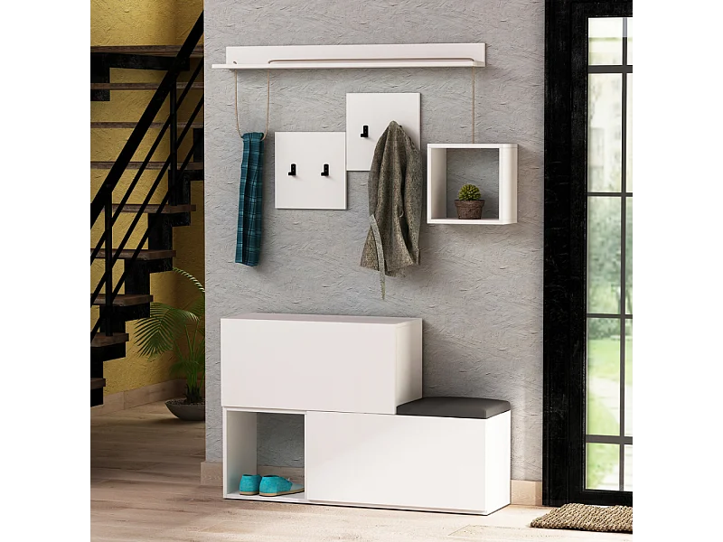 Witte halmeubel met opbergruimte en kapstok INGA - Minimalistisch en georganiseerd design