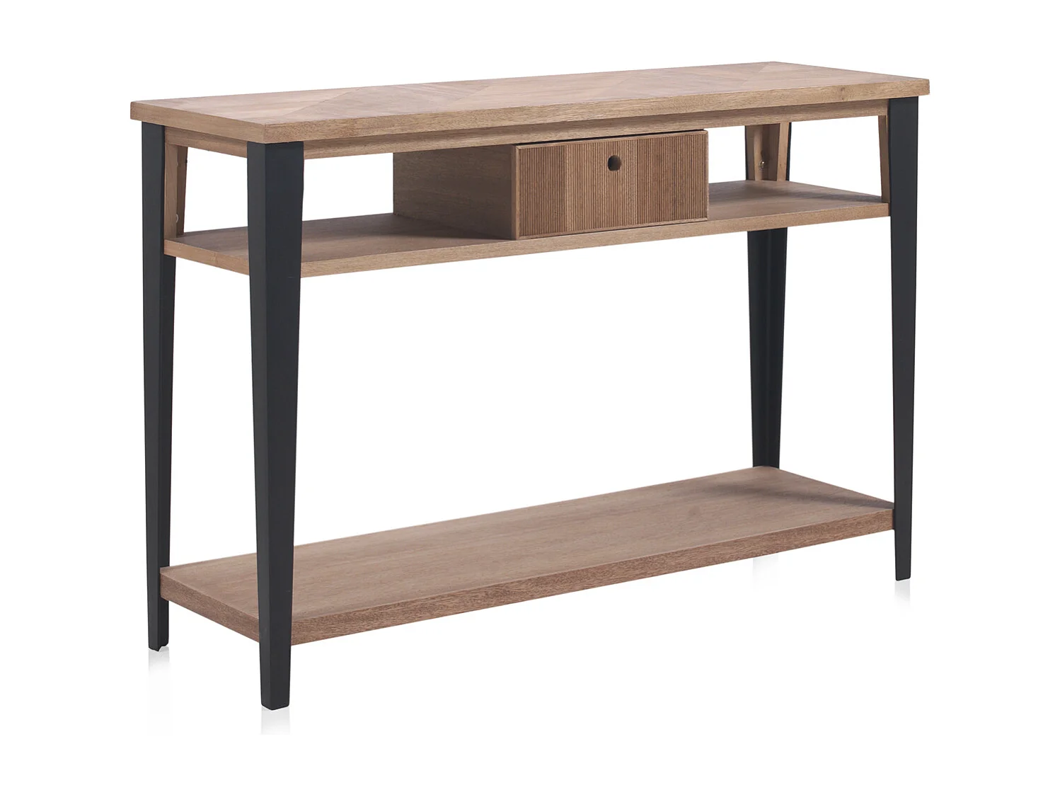 Eschenfurnierte Konsole mit Holzfronten. Recycelt mit Metallsockel