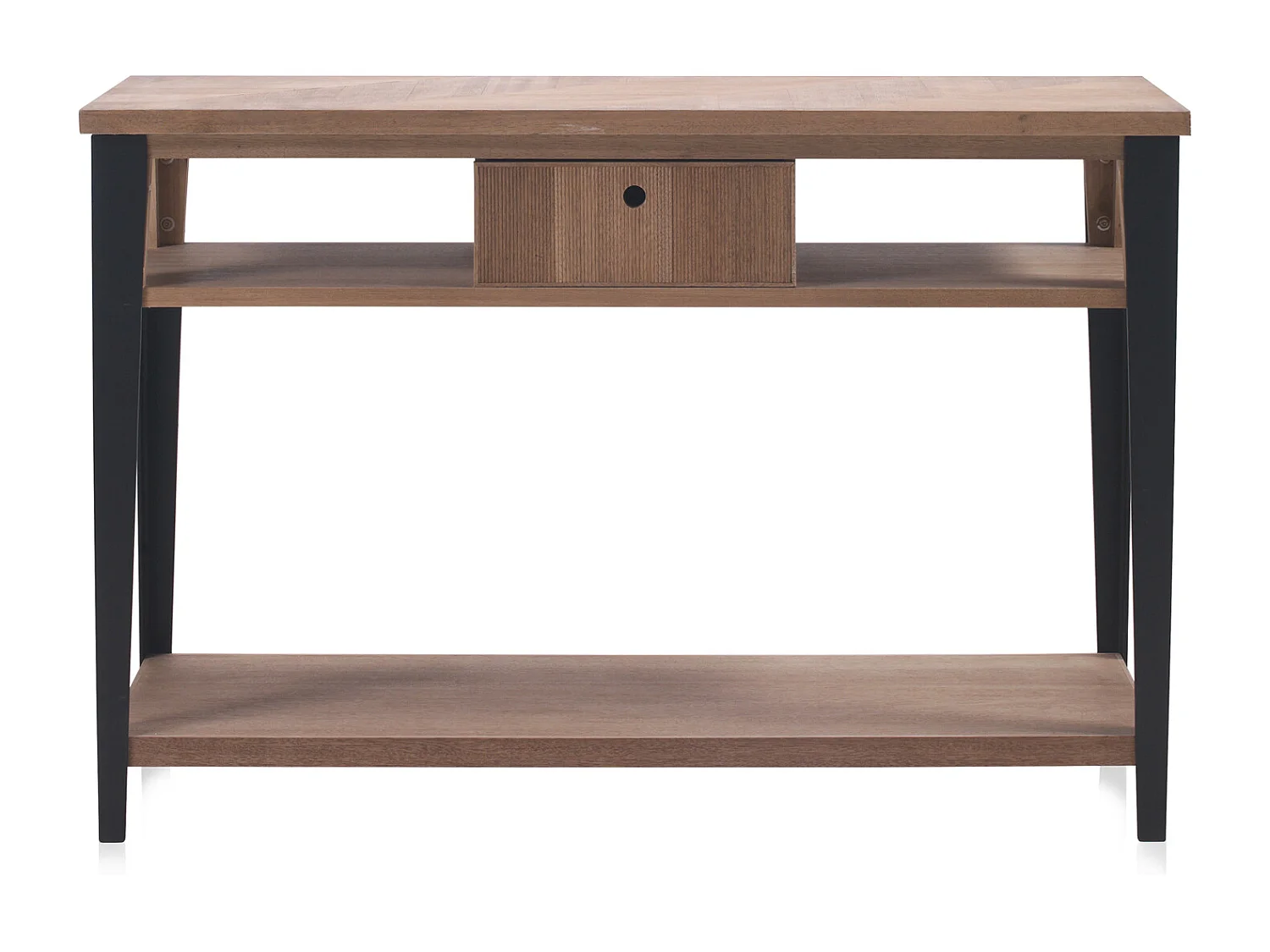 Eschenfurnierte Konsole mit Holzfronten. Recycelt mit Metallsockel