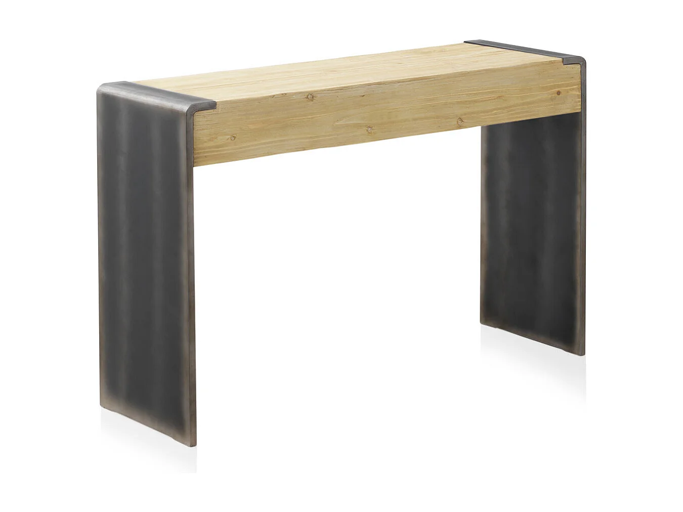 Table console plaquée en sapin et côtés laqués en couleur métallique