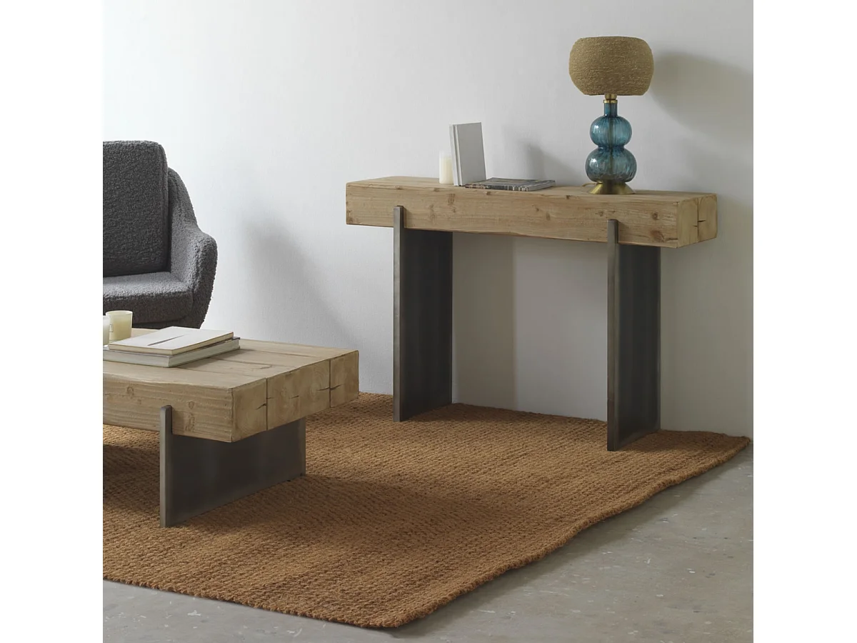 Table console plaquée en épicéa avec pieds laqués en métallique