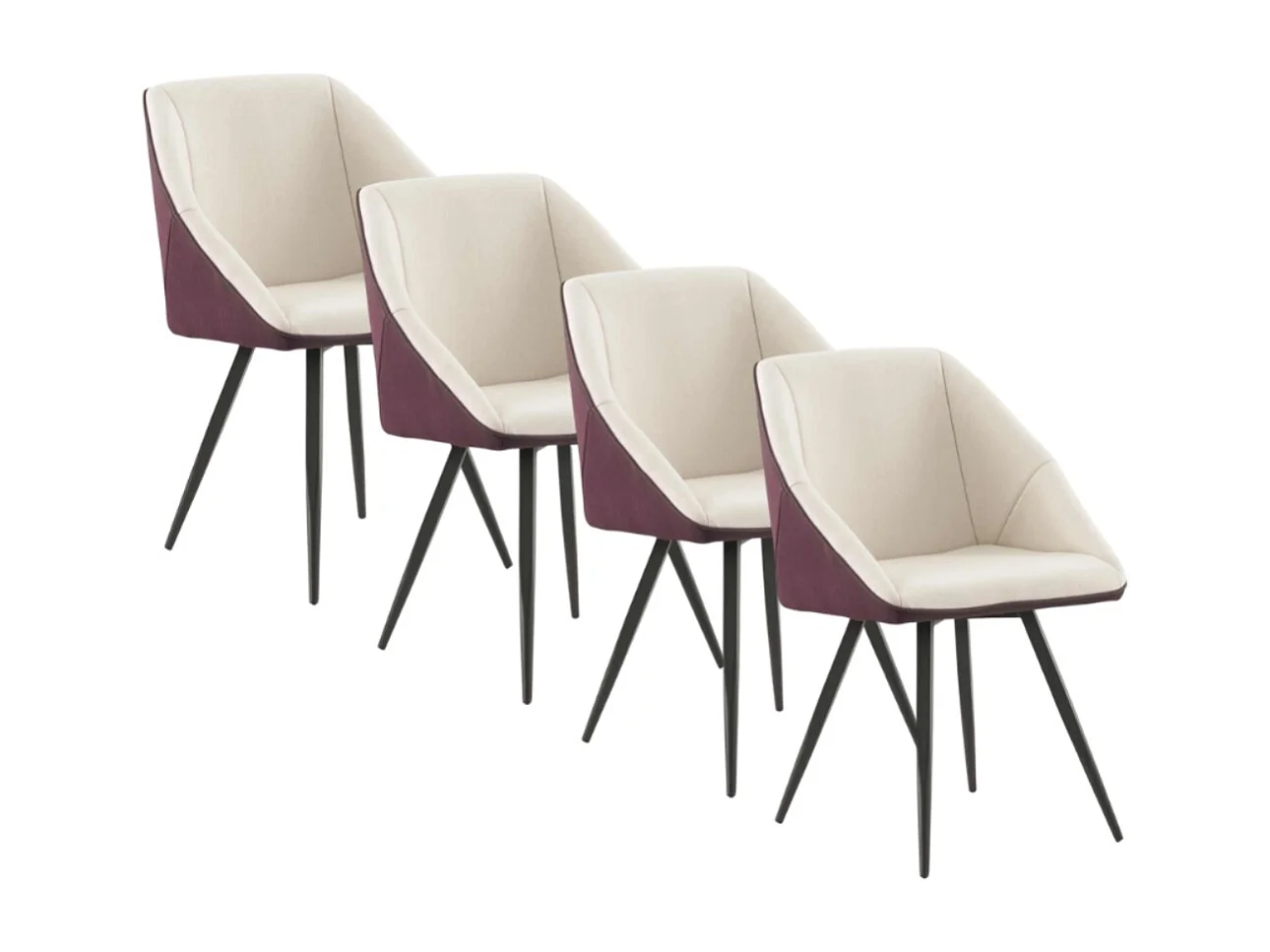 Set van 4 fauteuils in wit/bordeauxrood met zwarte metalen poten