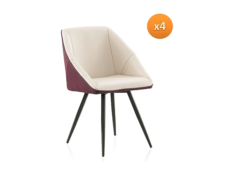 pack 4 sillones tapizados blanco/burdeos patas metálicas negras