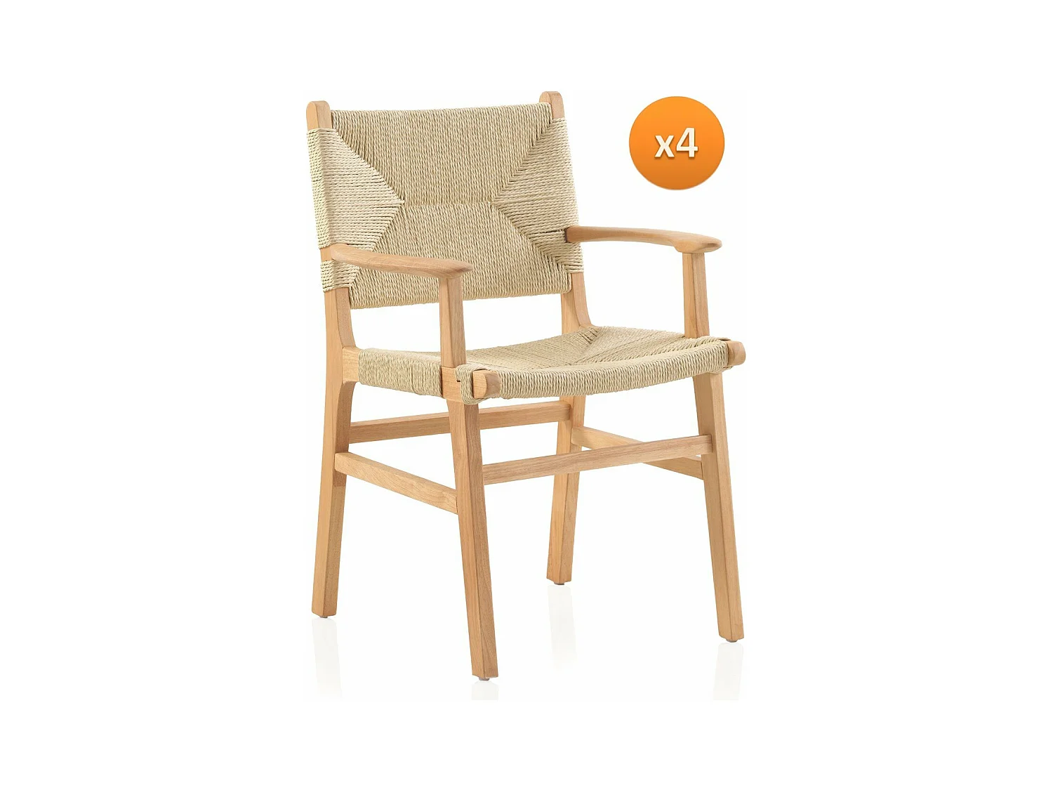 Lot de 4 fauteuils en bois d'hévéa avec assise et dossier tressés
