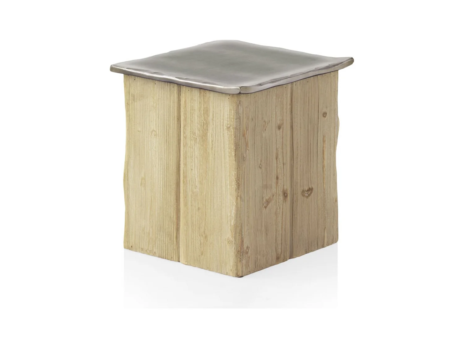 Hocker mit metallisch lackiertem Sitz und furniertem Holzgestell.