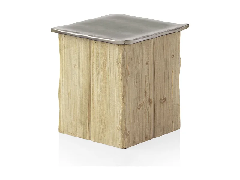 Hocker mit metallisch lackiertem Sitz und furniertem Holzgestell.
