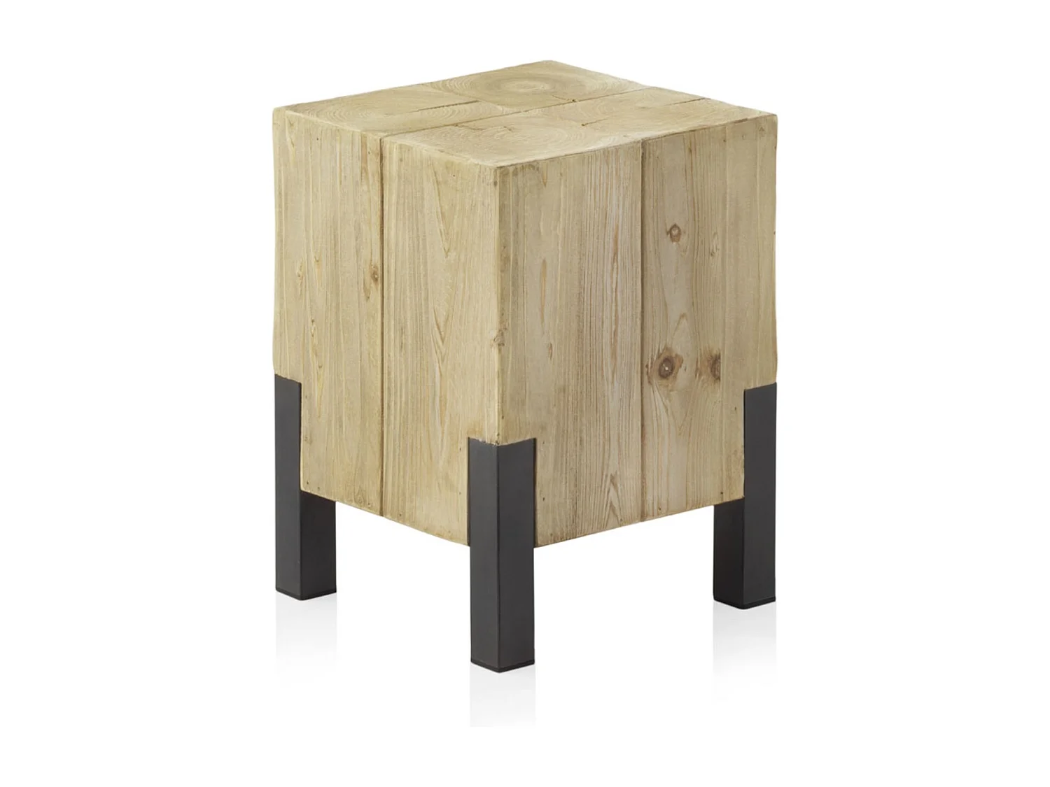 Hocker aus Fichtenfurnier mit metallfarbig lackierten Beinen