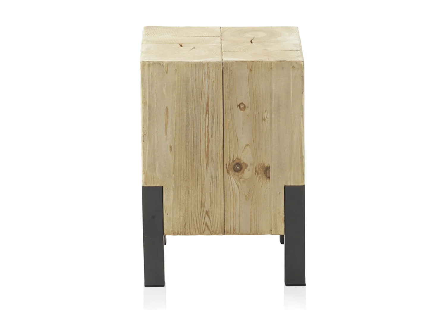 Hocker aus Fichtenfurnier mit metallfarbig lackierten Beinen