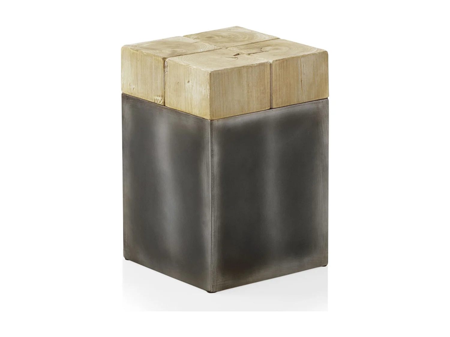 Hocker aus Fichtenfurnier mit metallisch lackiertem Sockel