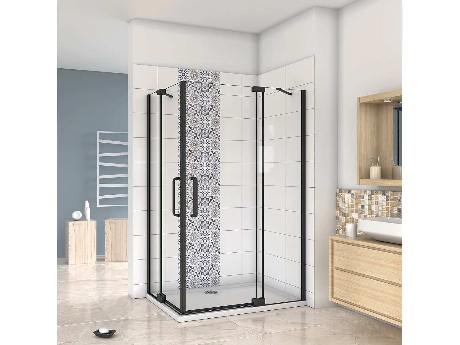 Cabine de duche rectangular Bater Perfil preto mate com Barra Estabilizadora Vidro Anticalcário 8mm (1168-1208)x(968-1008)x1950mm-AICA