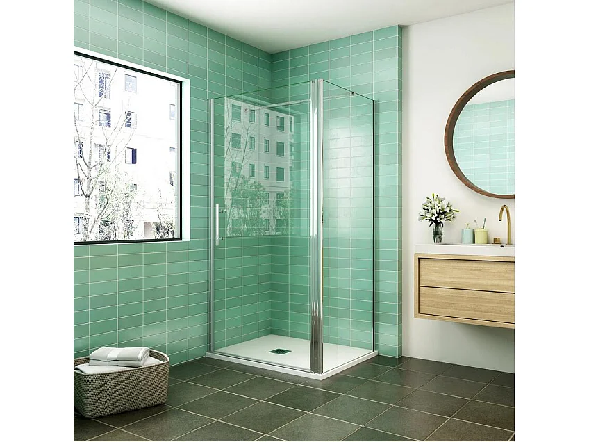 Porta de duche Bater e Painel lateral uma Barra fixa 140cm Perfil cromado Vidro Anticalcário 6mm (780-800)x(780-800)x1950mm-AICA