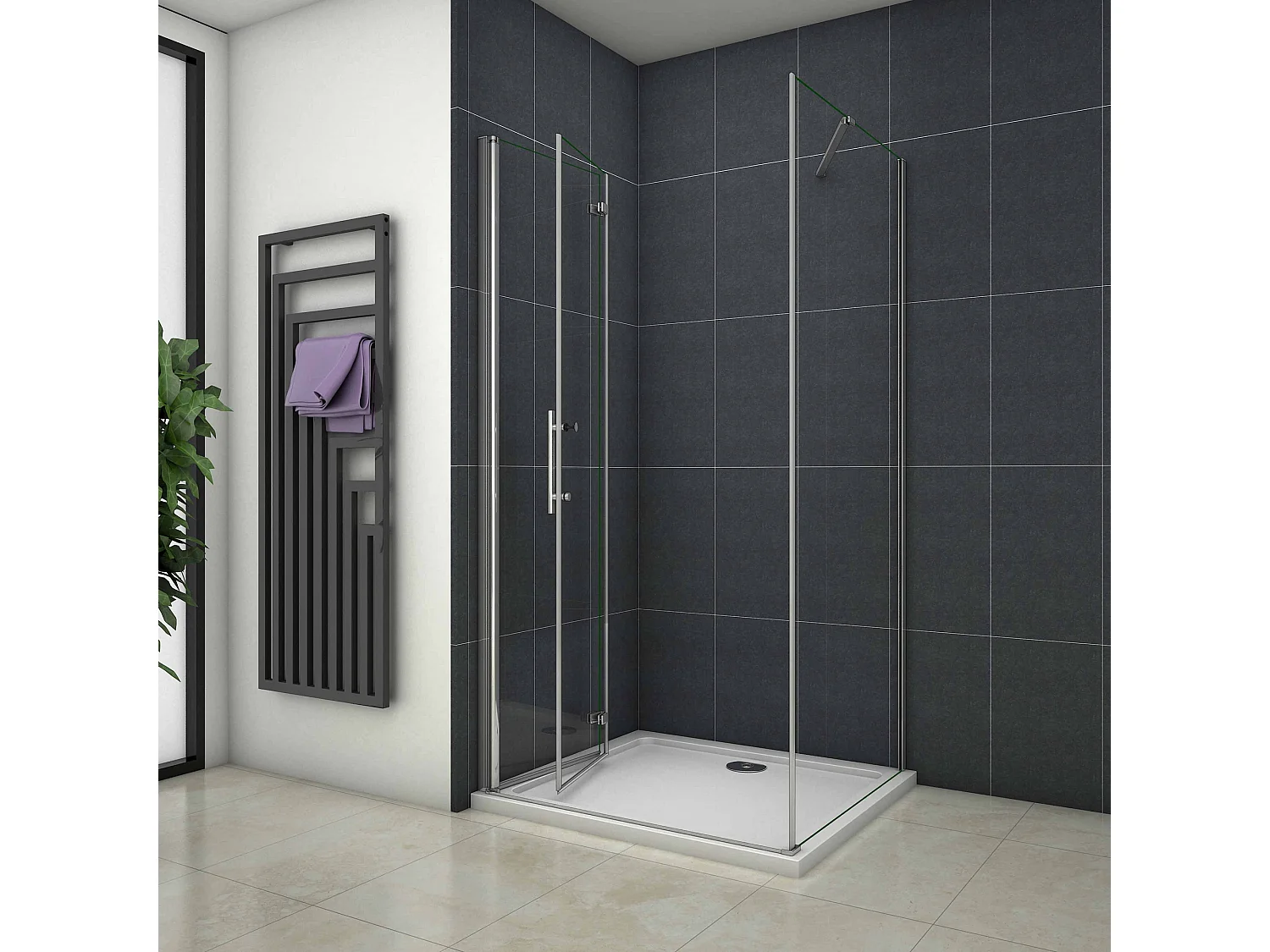 Porta de duche de fole e Painel lateral uma Barra 50cm Perfil cromado Vidro Anticalcário 6mm (740-760)x(680-700)x1950mm-AICA