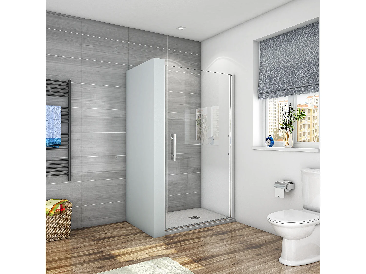 Porta de duche Bater 1 folha Perfil cromado Vidro Anticalcário 6mm (886-916)x1950mm + Base de duche 90x90x3cm textura pizarra + Ralo-AICA