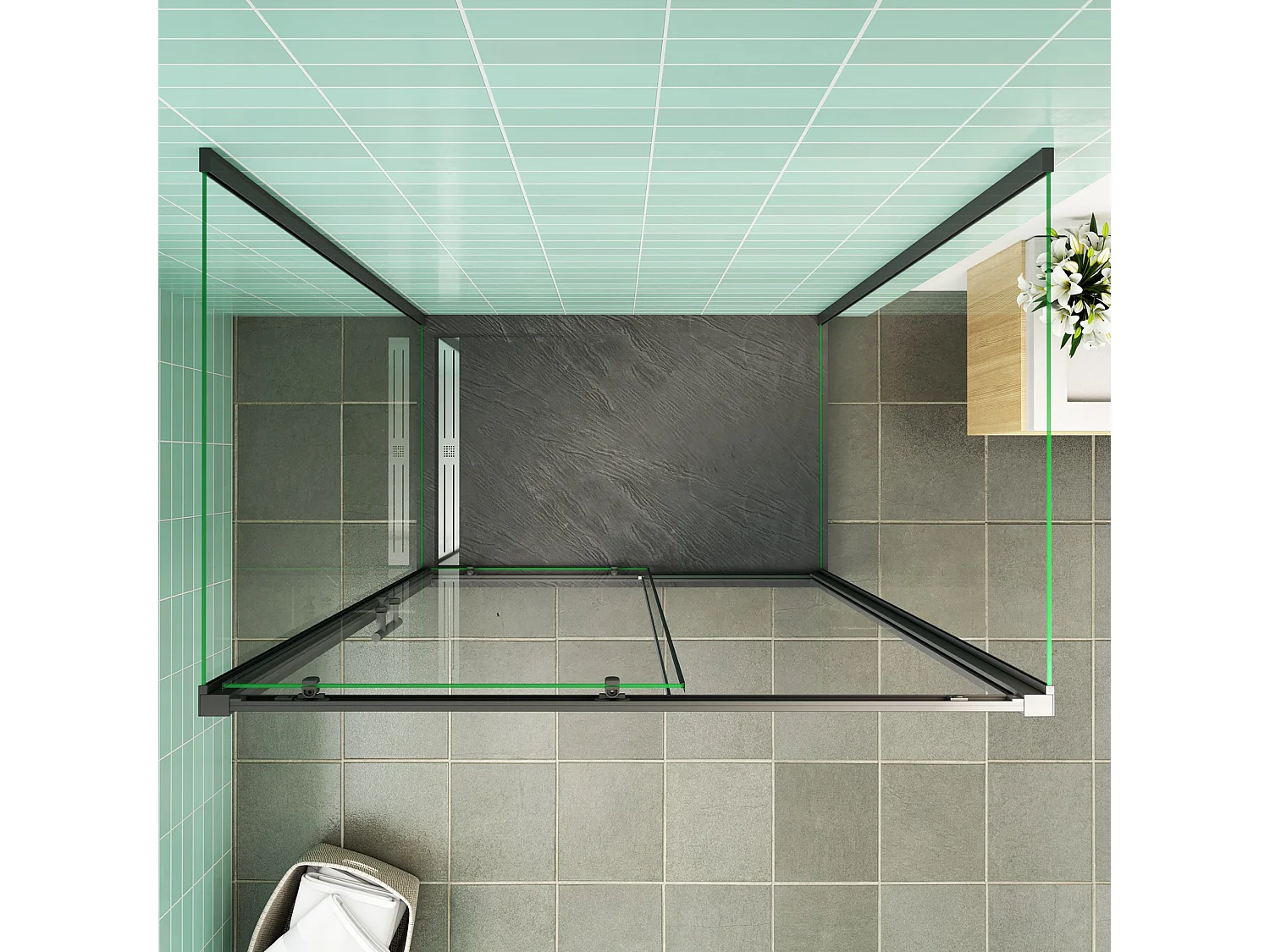 Porta de duche correr frontal e dois Painéis laterais vidro temperado 5mm Perfil preto mate (780-800)x(1163-1203)x(780-800)x1850mm-AICA