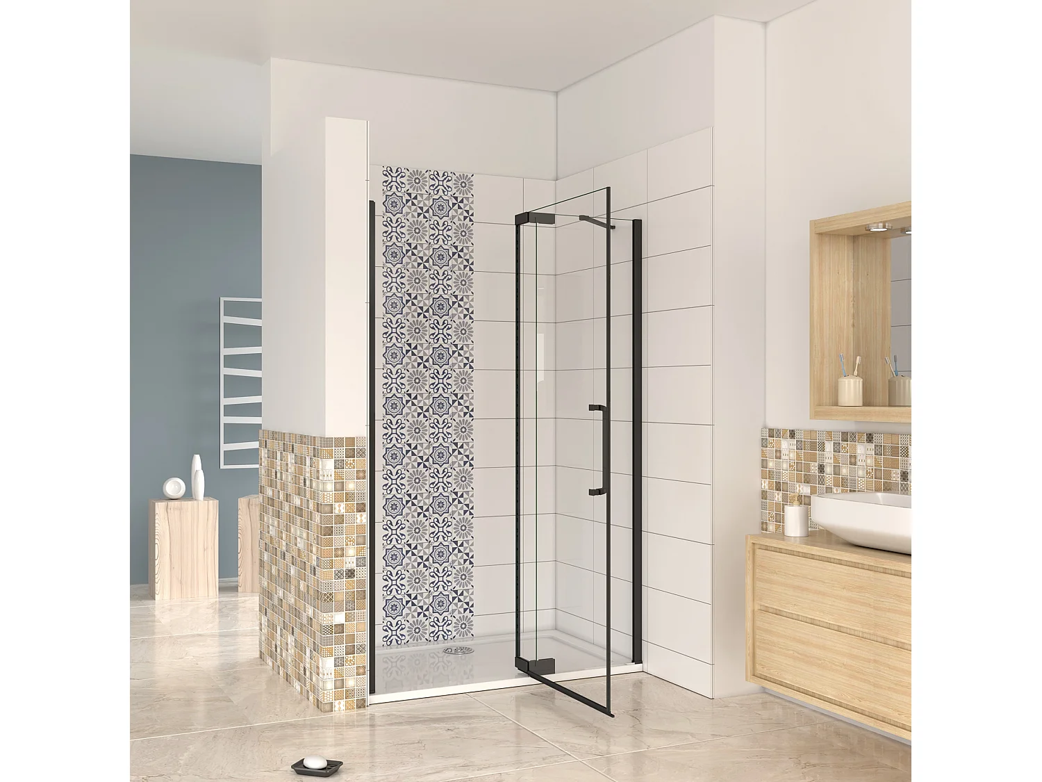 AICA Mampara de Ducha Frontal Abatible 2 Hojas,Perfil Negro Mate,Barra 250mm,Vidrio Antical 8mm (850-900)x1950mm